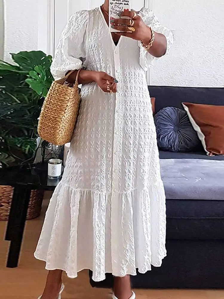 

2023 VONDA Maxi Long Dress Women Casual Loose Solid Color Robe Femme V Neck Puff Sleeve Stylish Maxi Sundress