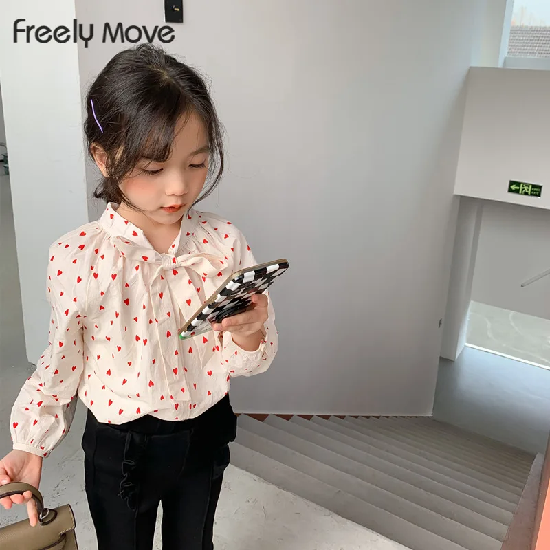 

Freely Move Kids Baby Girls Summer Long Sleeve Cotton Casual Bowknot Herat Print Tops Shirts Toddler Children Blouses Clothes