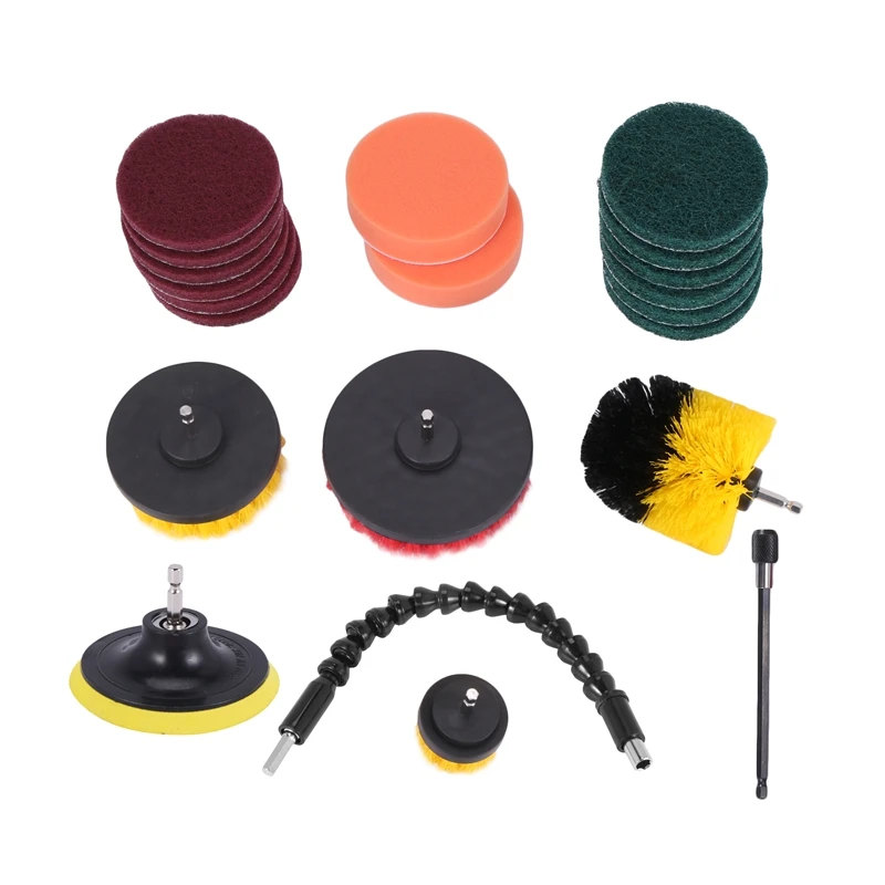 21 Piece Drill Brush Attachments Set Scrub Pads Sponge Power Scrubber Brush With Rotate Extend Long Attachment All Purpose Clean