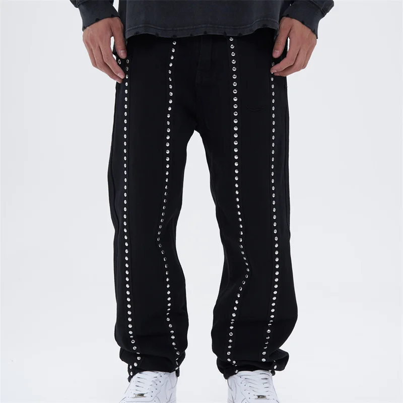 Fashion Punk Rivet Denim Jeans Pants Mens New Casual Zipper Straight Harajuku Trouser Hip Hop Streetwear Pant Joggers Men Jeans