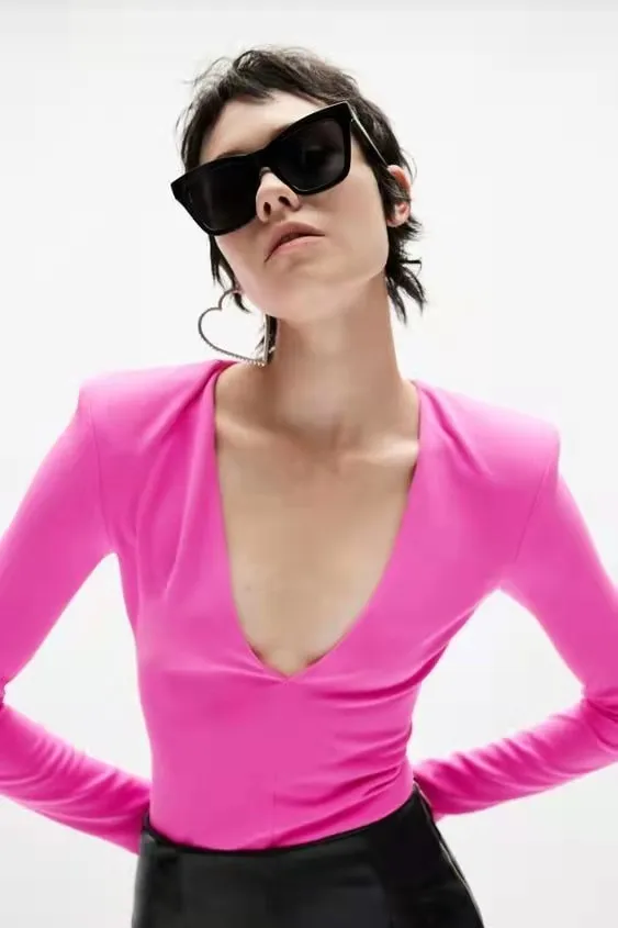 

Woman Long Sleeve Deep V neck Bodysuit Jumpsuit SML
