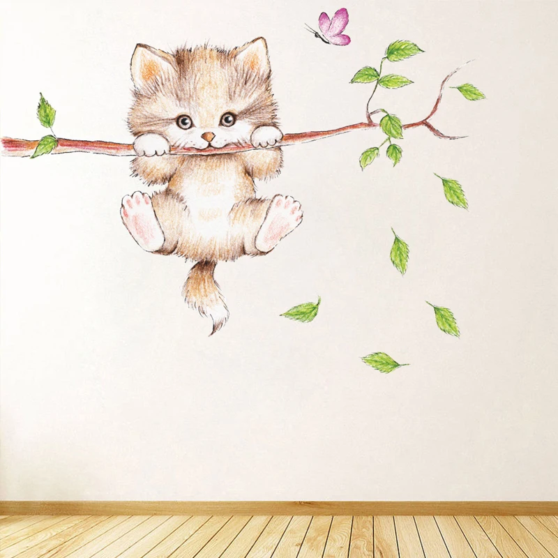 Kitten on Tree Branch Wall Stickers Home Living Room Decorations DIY Cartoon Cat Decor Mural Kids PVC Furniture Sticker | Дом и сад