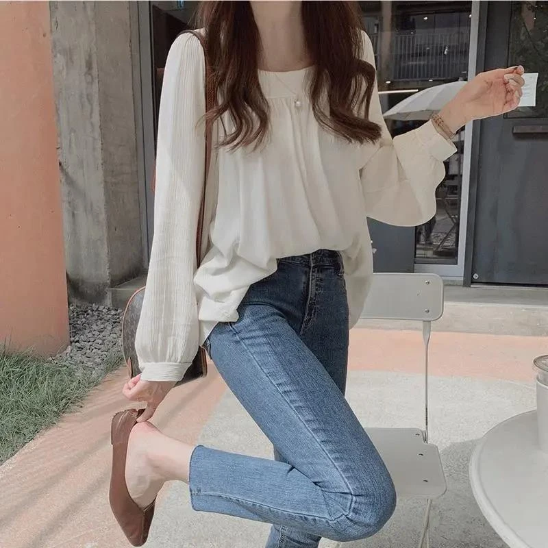 Блузка женская с квадратным вырезом простые нежные однотонные рубашки в