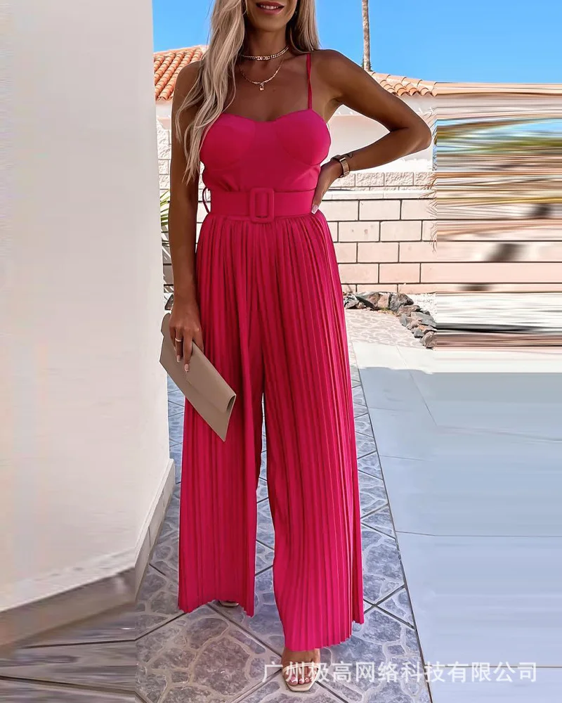 

Women 2pcs Clothes Suit Short Cami Tanks Spaghetti Strap Top & Pleated Pants Set Tops Wide Leg Pants Loose High Waist