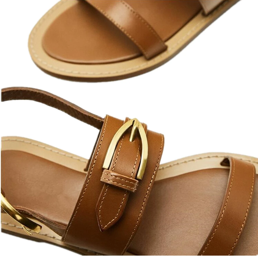 Dave&Di  French Vinatge Fashion Ladies Metal Buckle Genuine Blogger  Leather Flat Sandals Summer Sandals For Women