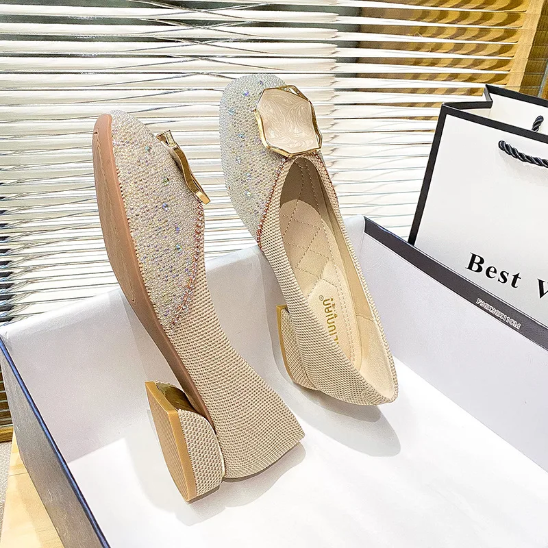 Plus Size 33-43 Women Pumps 3cm Heel Square Toe Lady Shoes Bling Crystal Designer Style Sweet Wedding Party Casual Loafers Femal