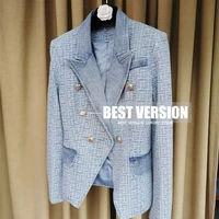 the best version luxury design slim fit elegant jacquard plaid double breasted denim jean jacket blazer women long sleeve coat
