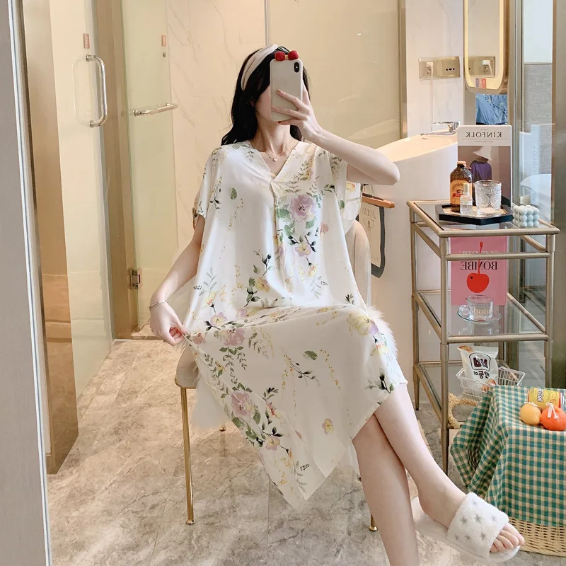 Nightdress Women's Summer Cotton Silk Cartoon Printing Over The Knee Long Pajamas Dress Pregnant Women Can Wear Home Clothes