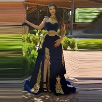 customized royal blue mermaid velvet gold lace prom banquet formal evening dress saudi arabia dress