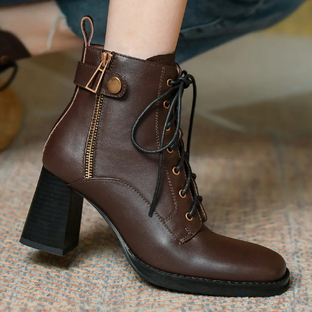 Женские ботильоны из натуральной кожи на толстом высоком каблуке с квадратным