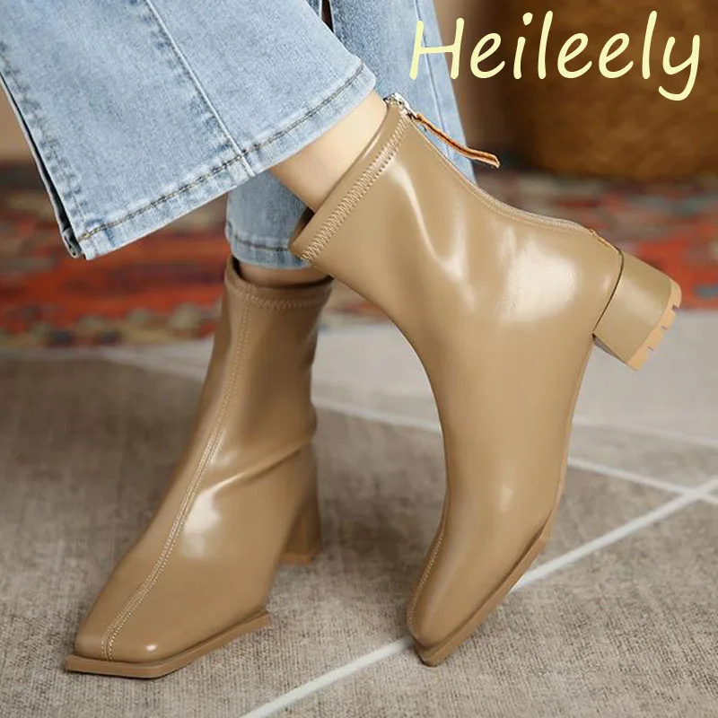 

4cm New Fashion Square Toe Low Heels Pumps Mid Calf with Zippers Women Black Boots 38 39