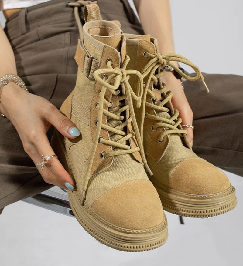 Summer Canvas Ankle Women Boots British Style Lace Up Round Toe Motorcycle Boots Side Zipper Mixed Color Popular Platform Shoes
