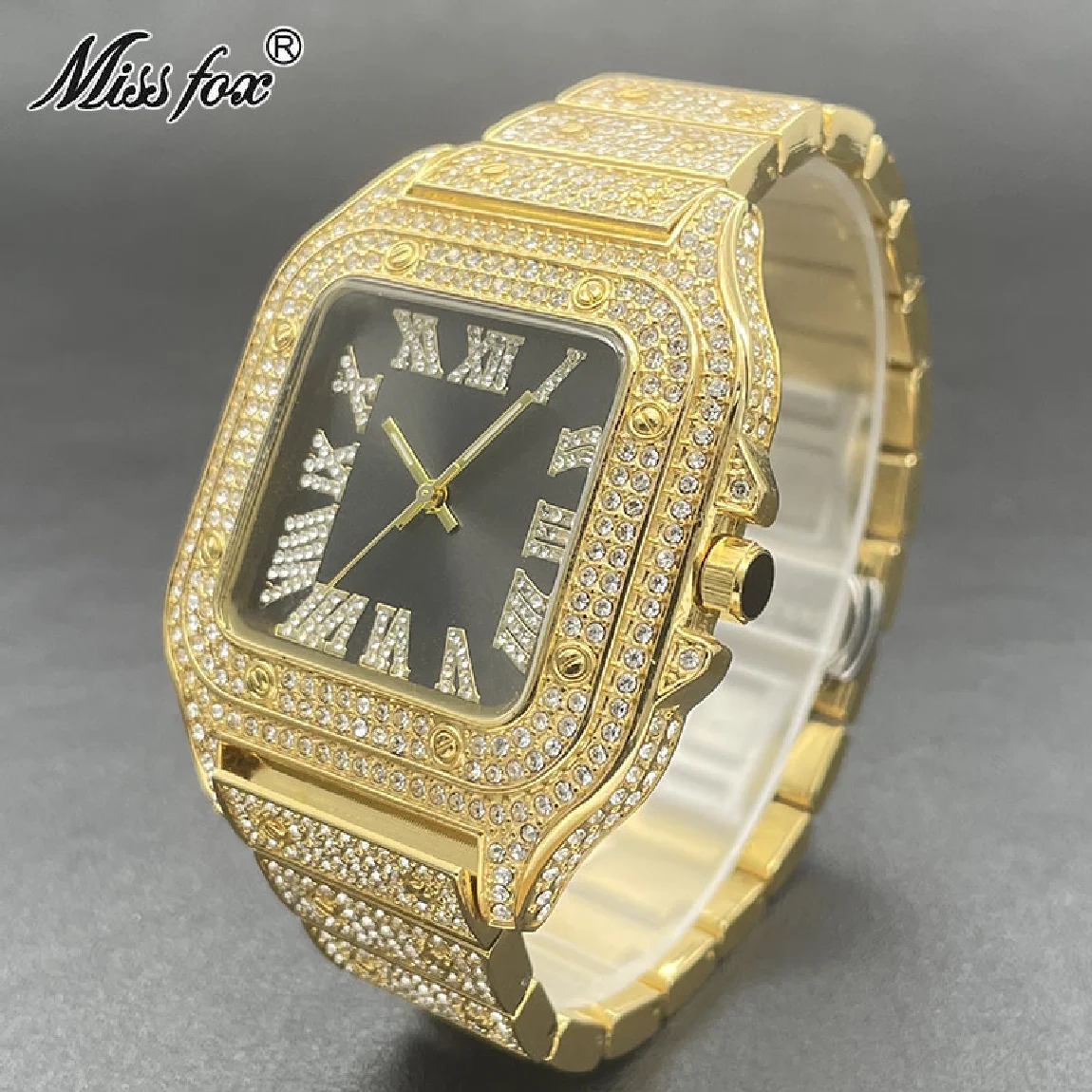 

Hot Brand MISSFOX Gold Square Fashion Watch Mens Luxury Full Diamond Waterproof Wristwatch AAA Black Hip Hop Clocks Reloj Hombre