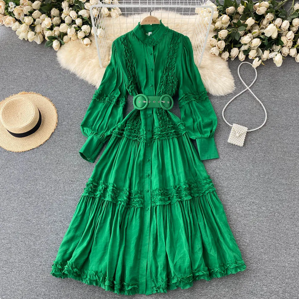 

Elegant French Women Dress Long Sleeve Single Breasted Belt A-line Robe Spring Fashion Casual Streetwear Long Vestidos Mujer