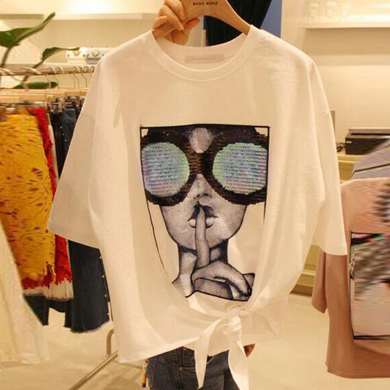

Korea New Design Trendy T-shirt 2022 New Summer All-match Loose Short Sleeve Pullover Top Sequins Printing Casual Cotton Tees