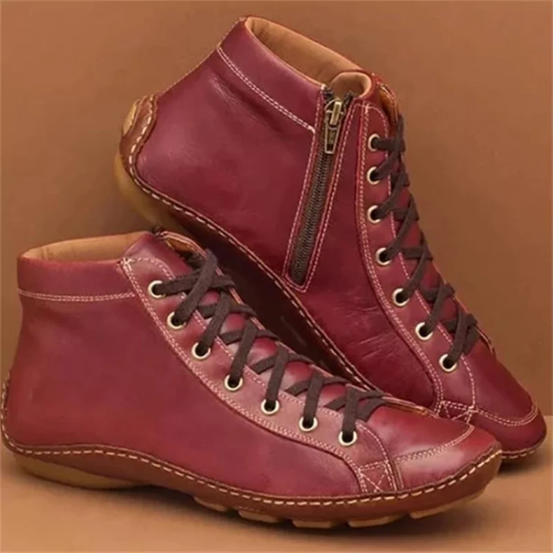 

Women's Casual Boots Flats Bottom Zipper Leather Vintage Fashion Short Boot Comfortable Soft Outdoor Footwear Plus Size 43