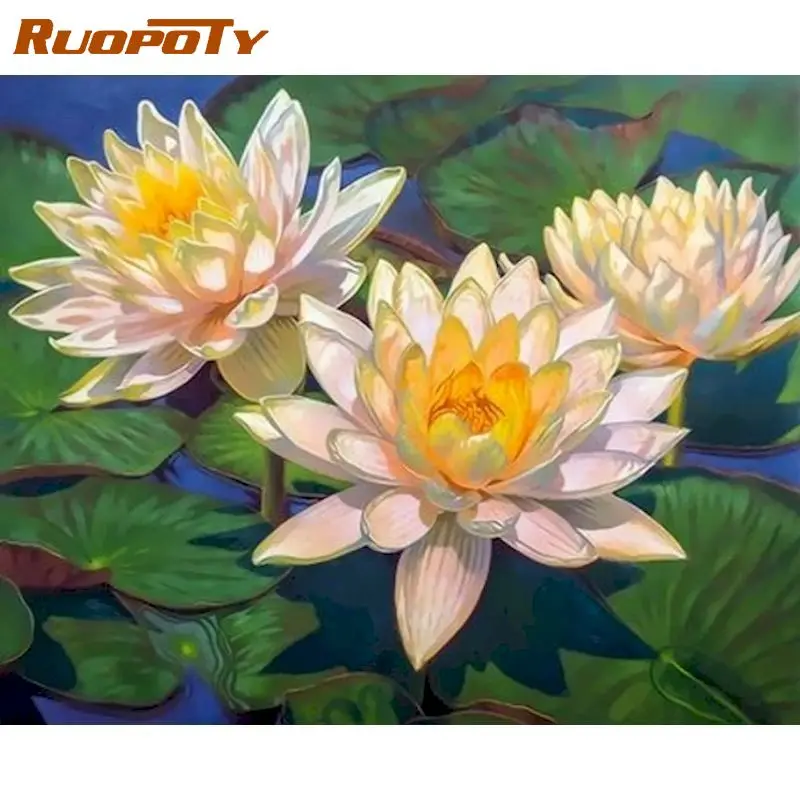 

RUOPOTY White Lotus Flower Oil Painting By Numbers Kits For Adults Children Unique Gift 40x50cm Framed On Canvas Home Artwork