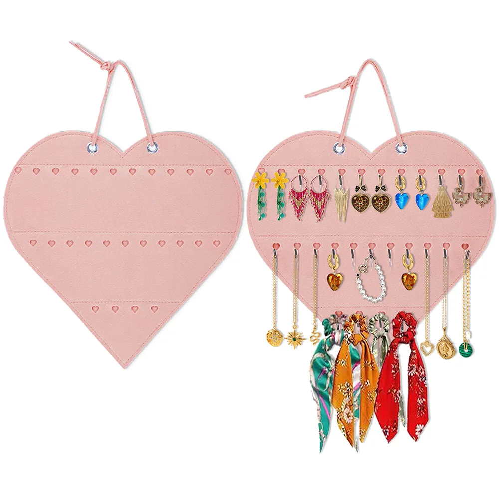 Heart Shape Hanging Organizer Wall Necklace Holder Soft Felt Hanger For Jewelry Earring Bracelets Display New Decor Storage Bags