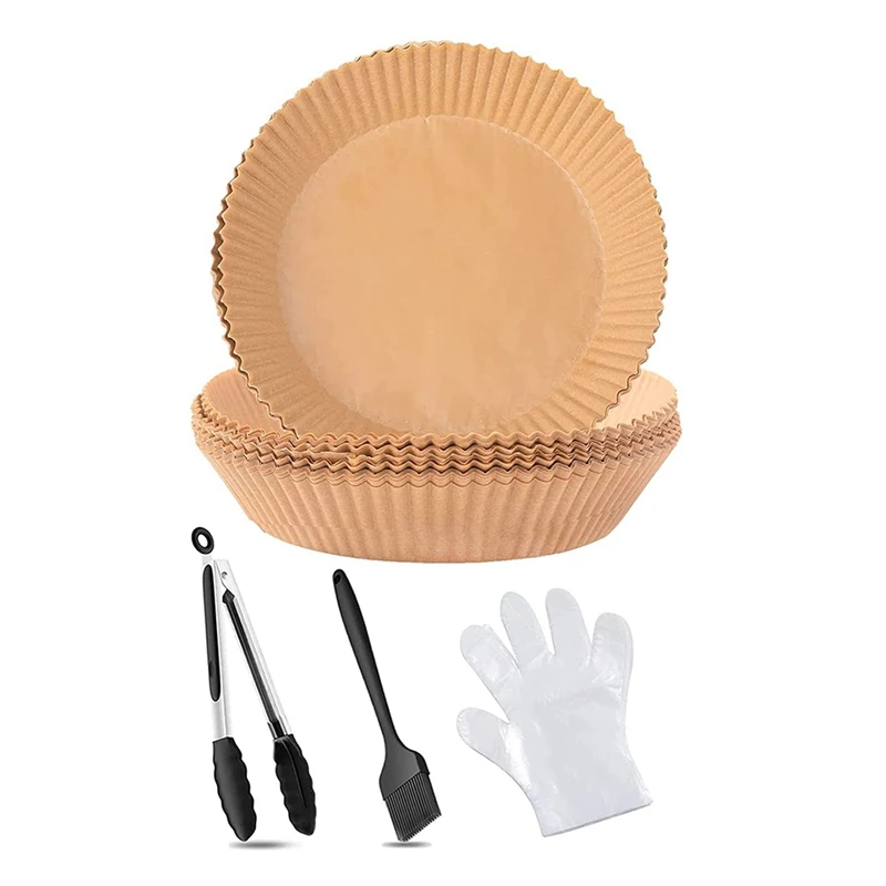 

100 PCS Air Fryer Disposable Paper Liner, Non-Stick, Air Fryer Liners With Food Tong,Baking Brush And Gloves