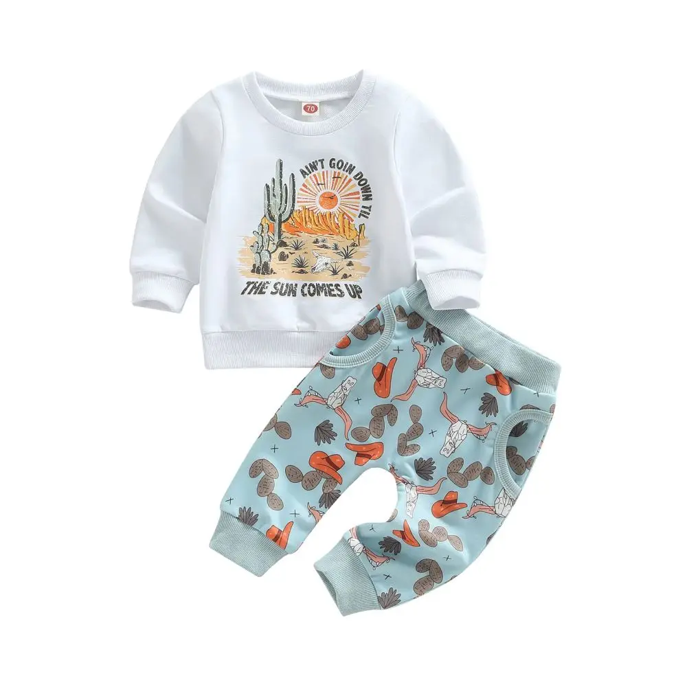 

2023 Fall Toddler Baby Boy Girl Clothes Set Desert Cowboy Outfits Sweatshirt + Tops Cactus Pants 3 6 9 12 18 24 Months Gifts