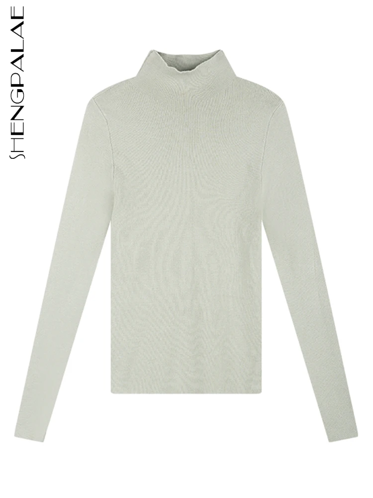 

SHENGPALAE Solid Half High Collar Knitwear Women's 2023 New Chic Clothes Minimalism Elegant Mint Knitted Pullover Sweater 5R388