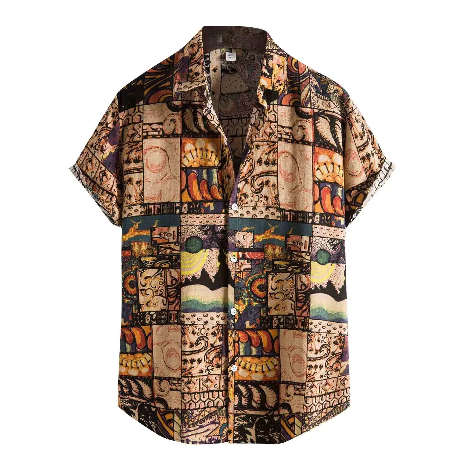 

NEW IN Shirts For Men Vintage Ethnic Style Printed Shirt Loose Short Sleeve Turn Down Collar Shirt Daily Wearing Chemise Homme