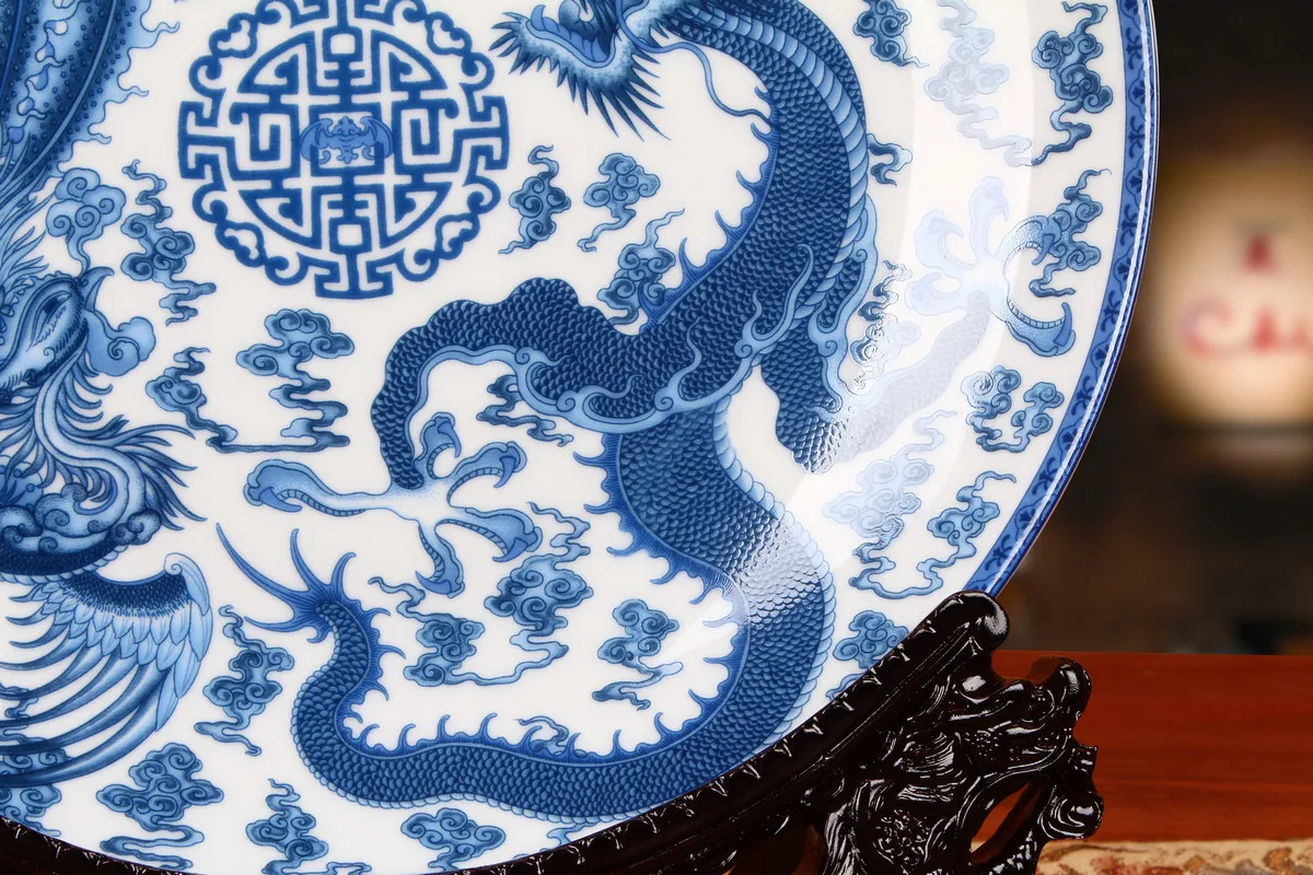 Синяя и белая тарелка для сиденья с изображением дракона феникса подвесная
