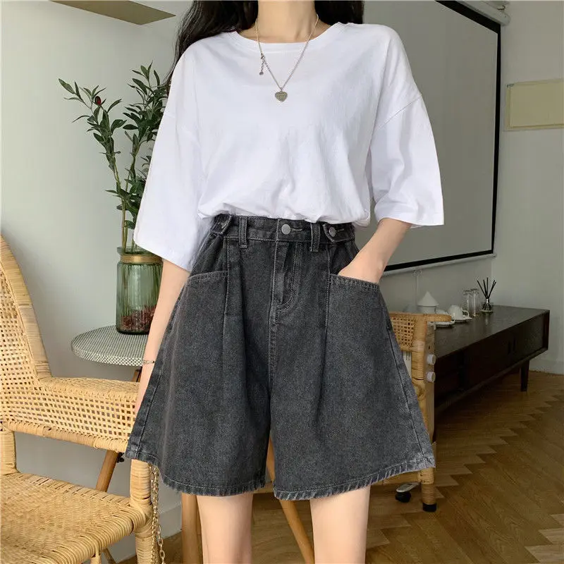 

2022 Summer Denim Shorts Korean Fashion Casual Student Wide Leg Pants Women's Jeans Streetwear Women Pants High Waist Shorts
