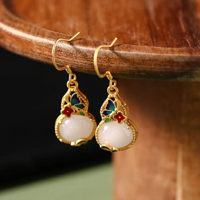 

Women's Jewelry Gourd Earrings 925 Silver Needle Ancient Gold Plated Inlaid Hotan Jade Enamel Earrings Wholesale