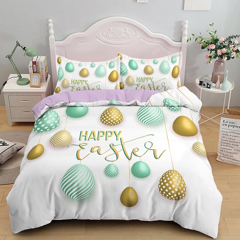 

Easter Egg Duvet Cover Set Happy Easter Theme Comforter Cover for Kids Teens Microfiber Bedclothes Cartoon Cute Egg Bedding Set