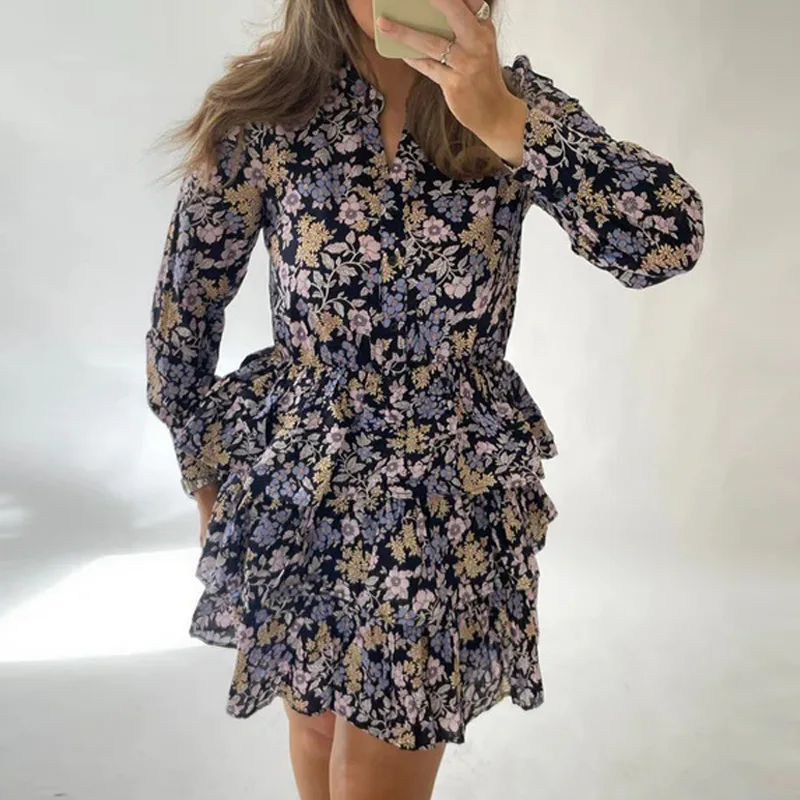 

Women's Clothing 2022 Autumn New Elegant Long Sleeve Printed High Waist Short Dress Sexy Fashion Casual Mini Dress