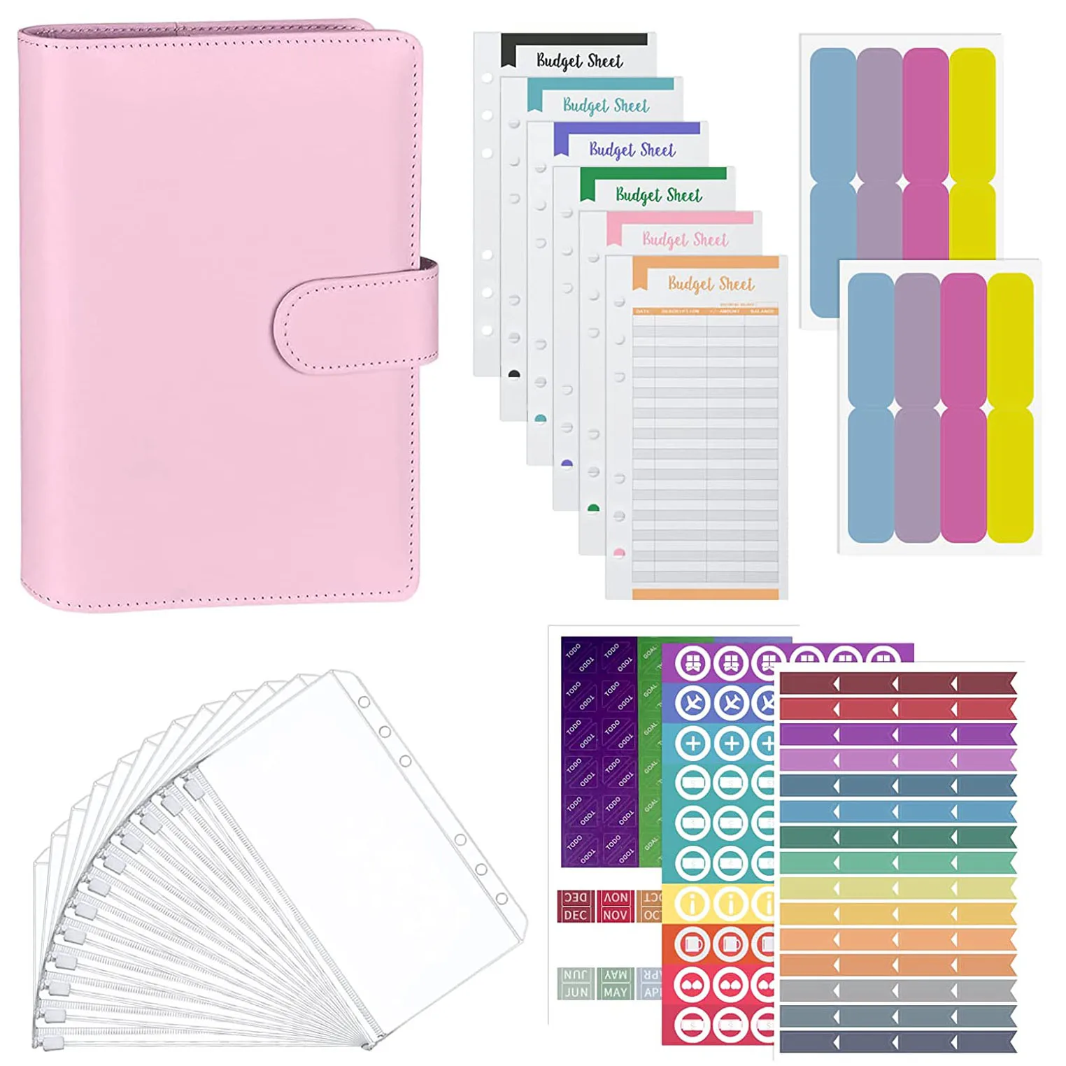 

A6 PU Leather Binder with 12 Expense Budget Sheets,12 Binder Pockets, Sticker Labels for Cash Envelopes Planner for Budgeting