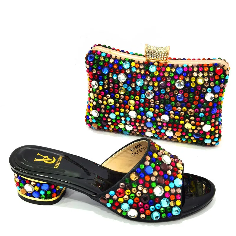 

Summer Slippers The Black Color Slingbacks Sexy Shoes and Bag to Match with Shinning Crystal Elegant Ladies Sandals for Party