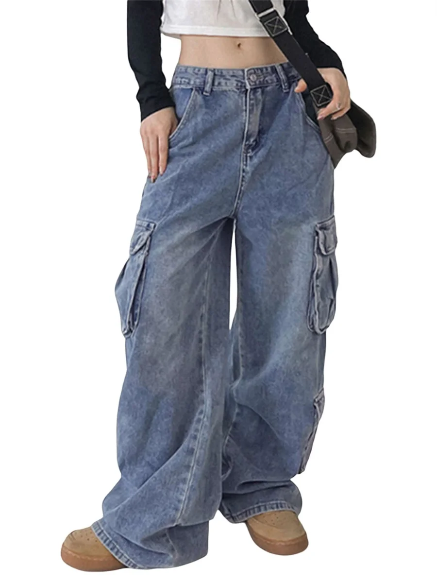 

ZZLBUF Women Denim Jeans Y2K Star Print Straight Wide Leg Baggy Jeans Aesthetics Low Waisted Cargo Jean Loose Trouser ZZLBUF