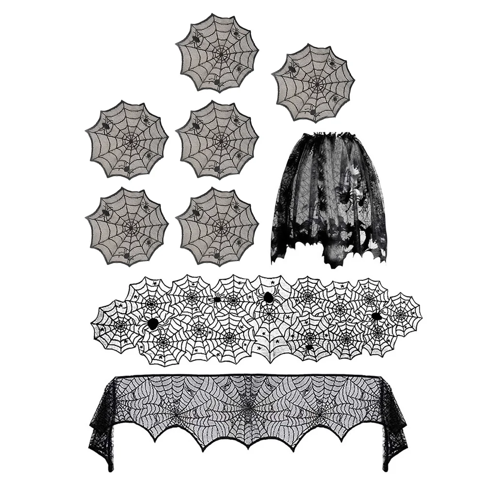 

Tablerunner Spiderweb Scarf Tablecloth Fireplace Cover Lace Placemats Spooky Blue Party Spider Dinner Linen Mantle Black Topper