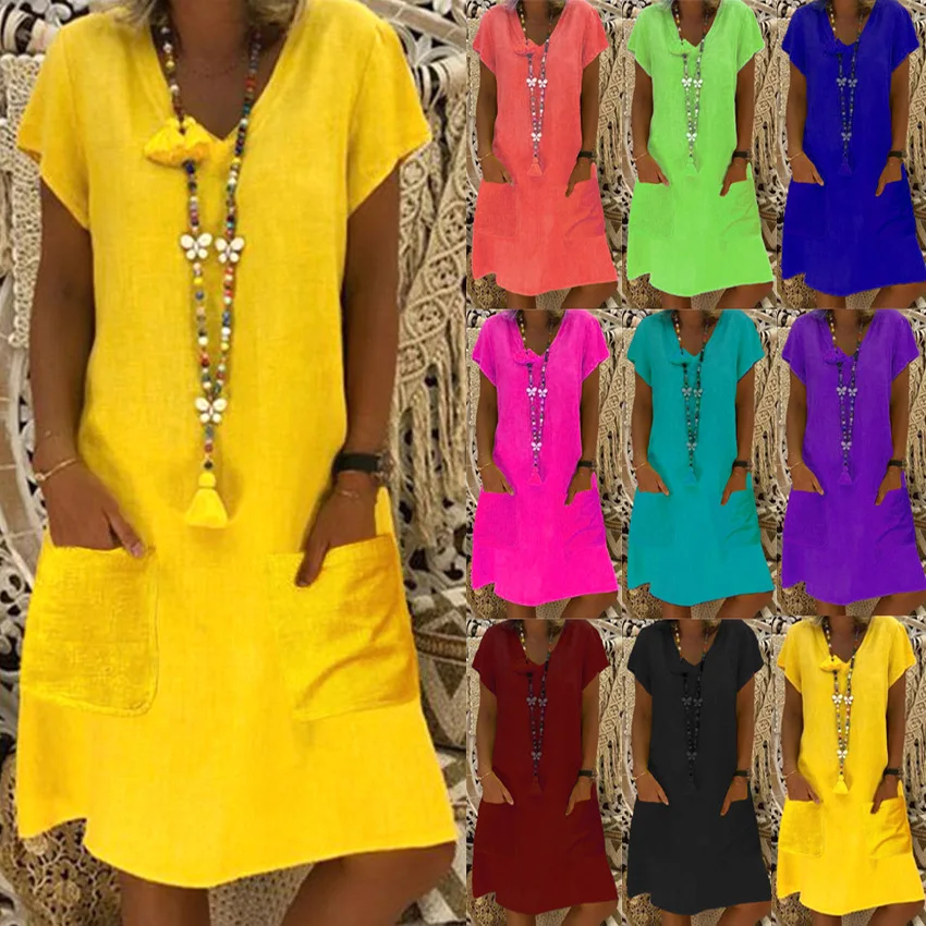 

Women Summer V-neck Fashion 20023 Short Sleeved Pocket Loose Sexy Dress