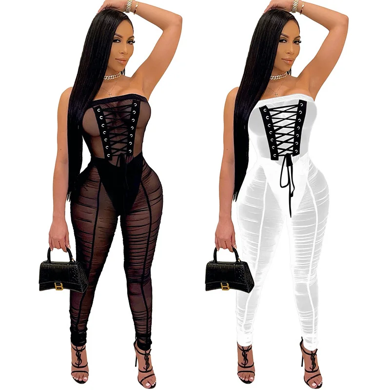 

Fashion Women Jumpsuit Black Sexy White Mesh Sheer Bodysuit High Belt Lounge Pants Evening Club Pencil Pant Women's Playsuits