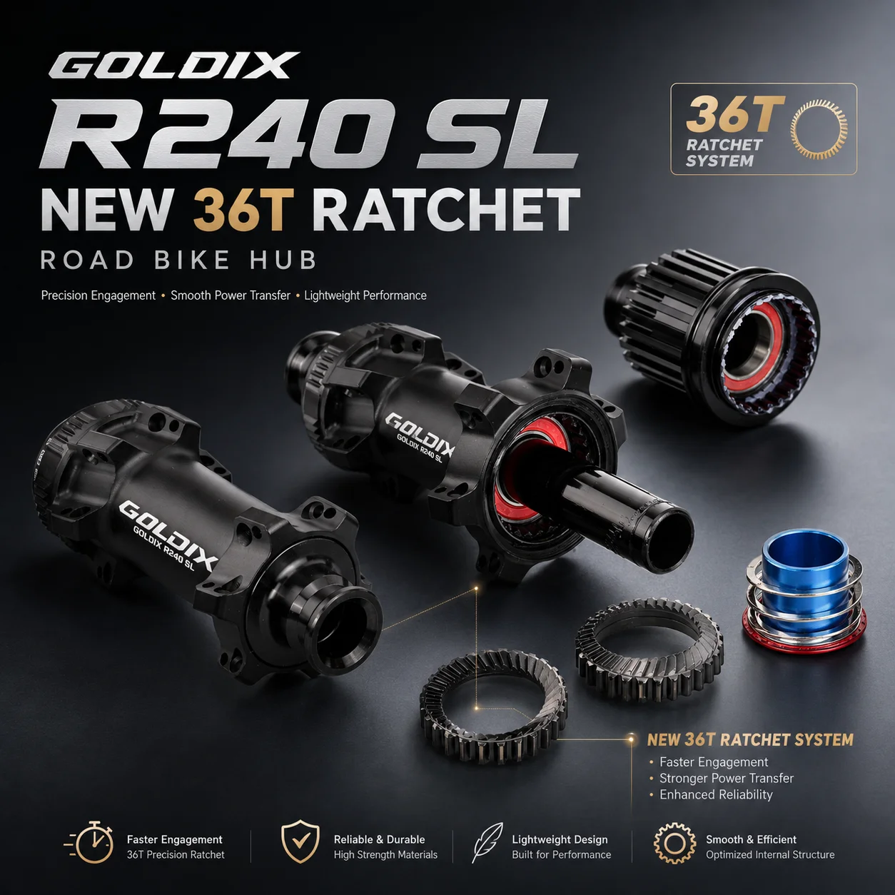 Фото Втулка GOLDIX R240SL для шоссейного велосипеда, сверхлегкая, 24 отверстия, Center-Lock, дисковый тормоз, 36T Ratchet, 260 г, легкая, для корпуса Freehub HG XDR №3