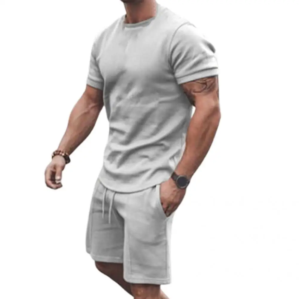 

2 Pcs/Set Summer Tracksuit Solid Color Casual Round Neck Drawstring Men T-shirt Shorts Set Men Tracksuit Daily Clothes