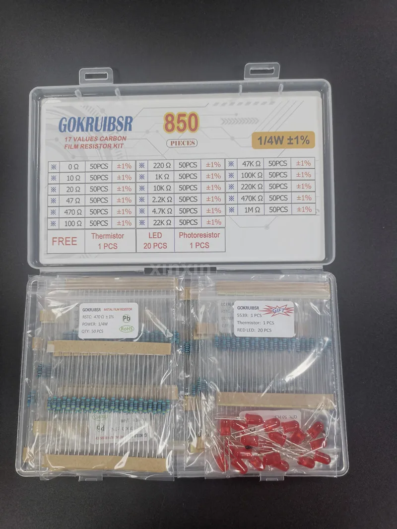 

850pcs/set 17 Kinds 1/4W Resistance 1% Metal Film Resistor Pack Assorted Kit 10 47 470 1K 2.2K 4.7K 10K 100K 220ohm 1M Resisto