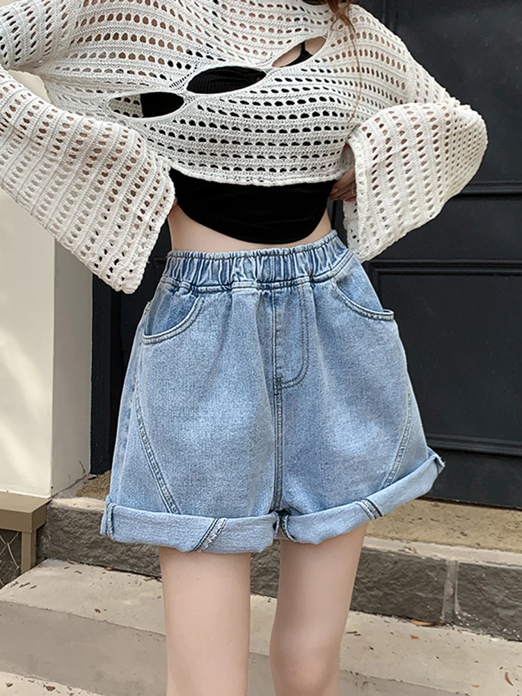 Streetwear Women Wide Leg Elastic Waist Retro Blue Denim Shorts Spring Summer Female Loose Jeans Shorts Bottoms