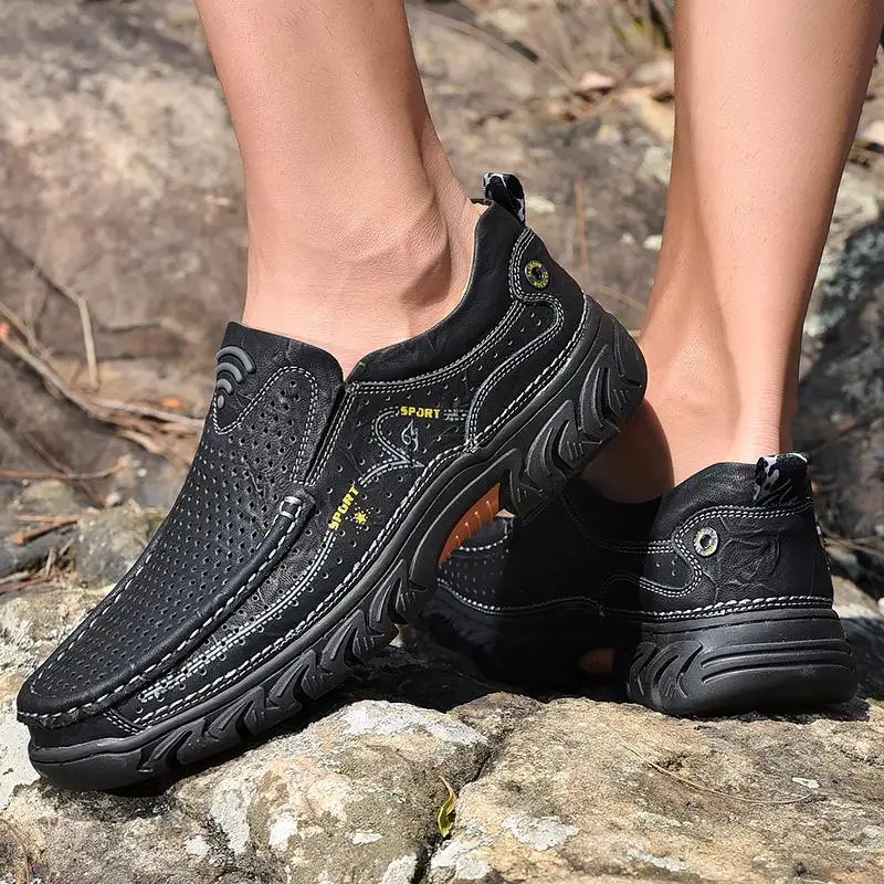 

Men Genuine Leather Breathable Hole Non Slip Comfy Outdoor Slip On Casual Shoes Soft Business Luxury Loafers Waterproof Sneakers