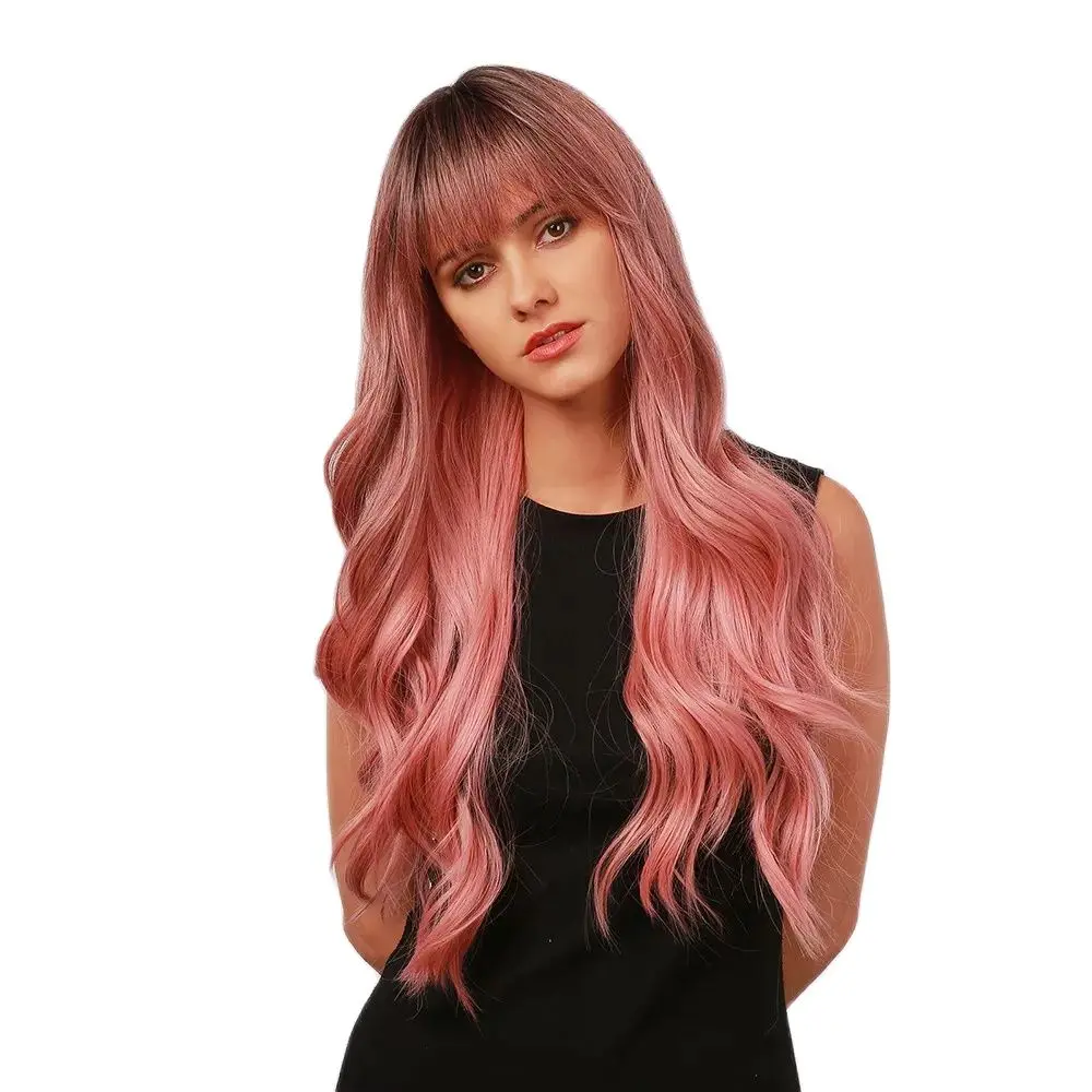 

Long Body Wave Ombre Pink Synthetic Wigs with Neat Bangs Dark Roots for Women Cosplay Natural Hair Heat Resistant