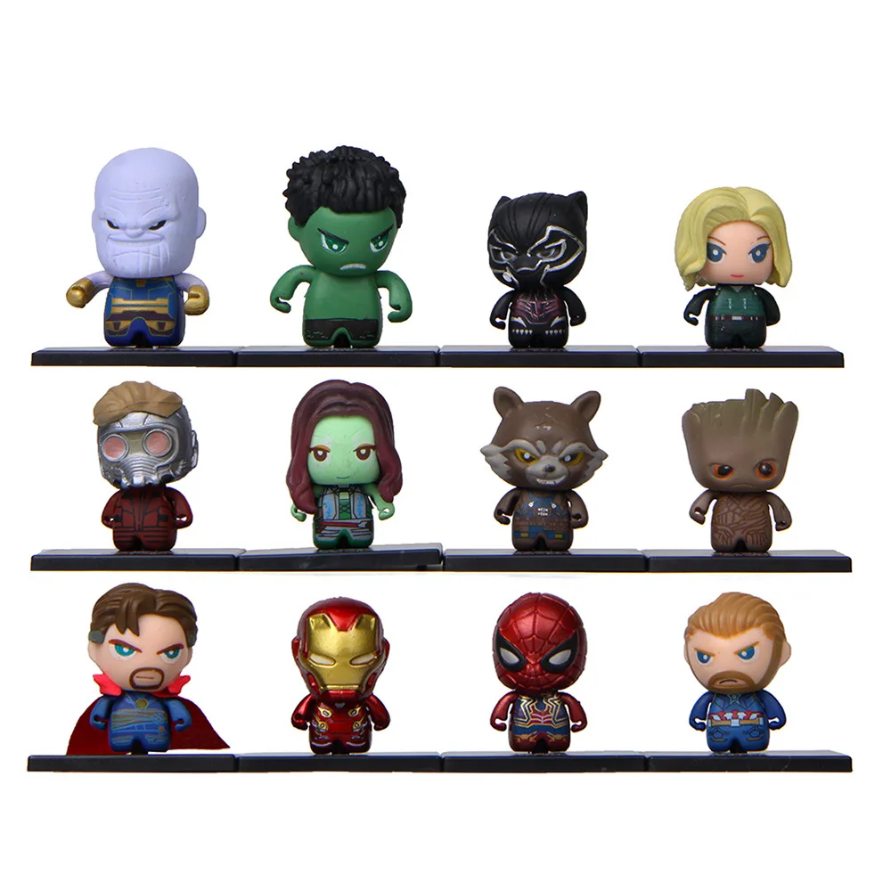 

12pcs/set Q Version Thanos Hulk Iron-Man Groot Spider-Man Action Figure Toys Cute Guardians of The Galaxy Office Car Decoration