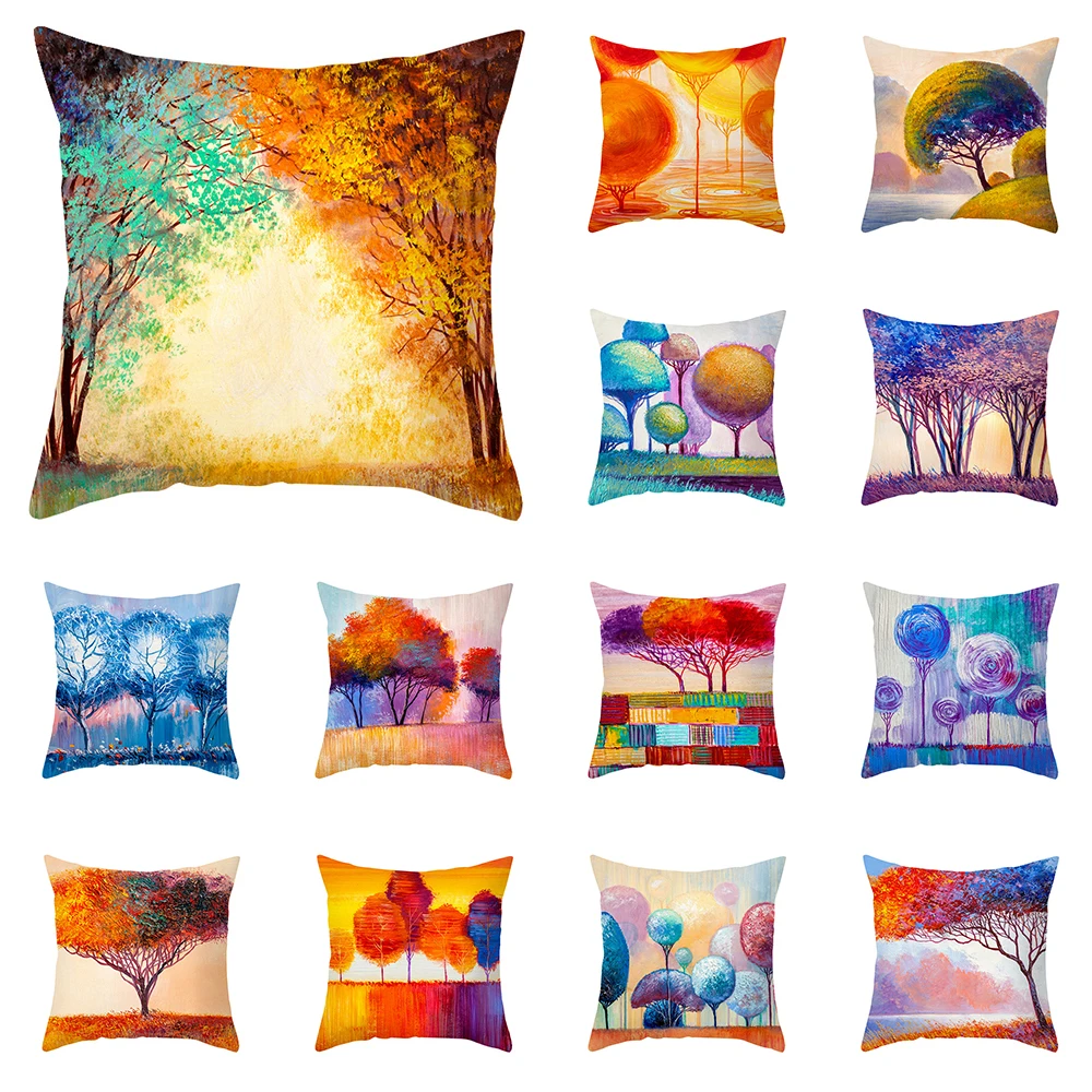 

Цветная декоративная наволочка с масляным рисунком дерева, чехол для дивана, автомобиля, офиса, наволочка из персиковой кожи, наволочка