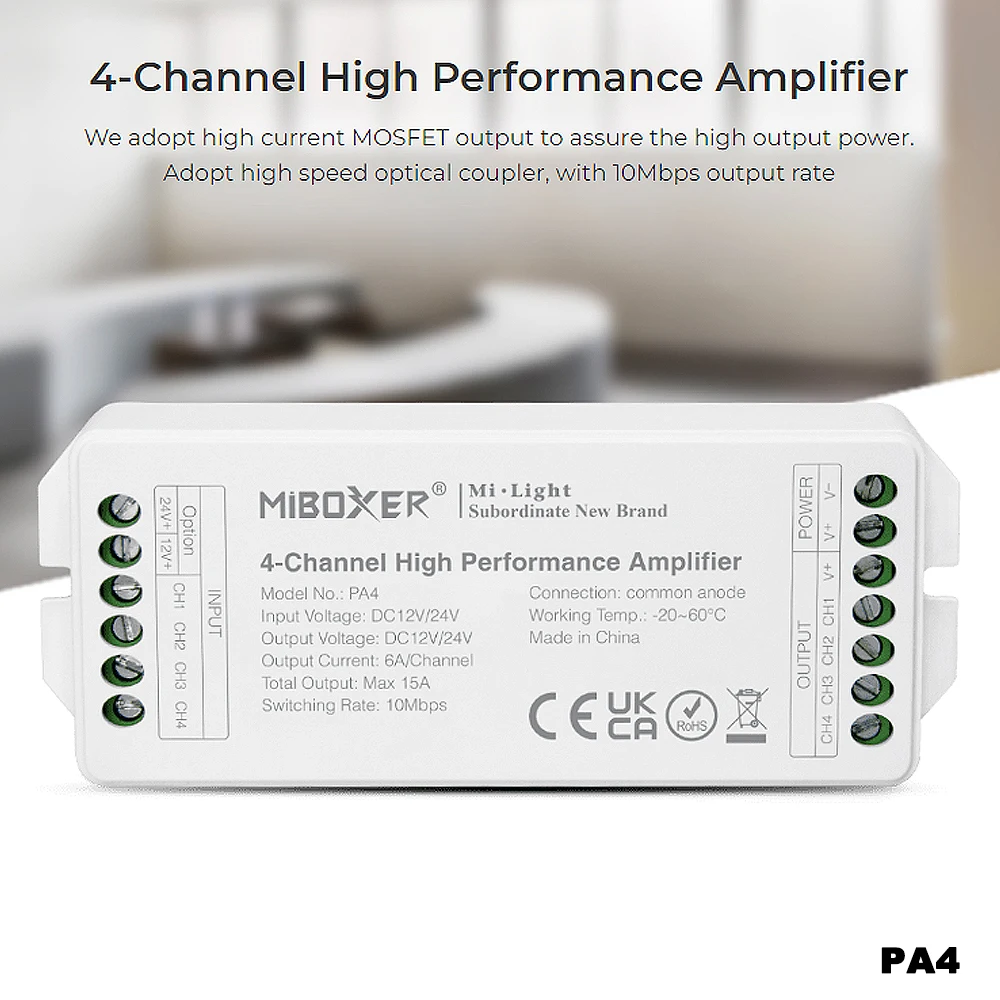 Контроллер Светодиодных Лент Miboxer PA4 RGBW 4-канальный 15 А ШИМ-диммер Постоянного