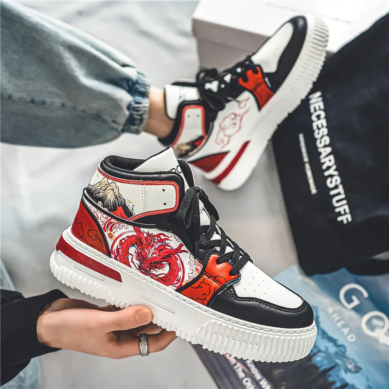 Национальная модная мужская обувь осенне-зимние высокие молодежные красные