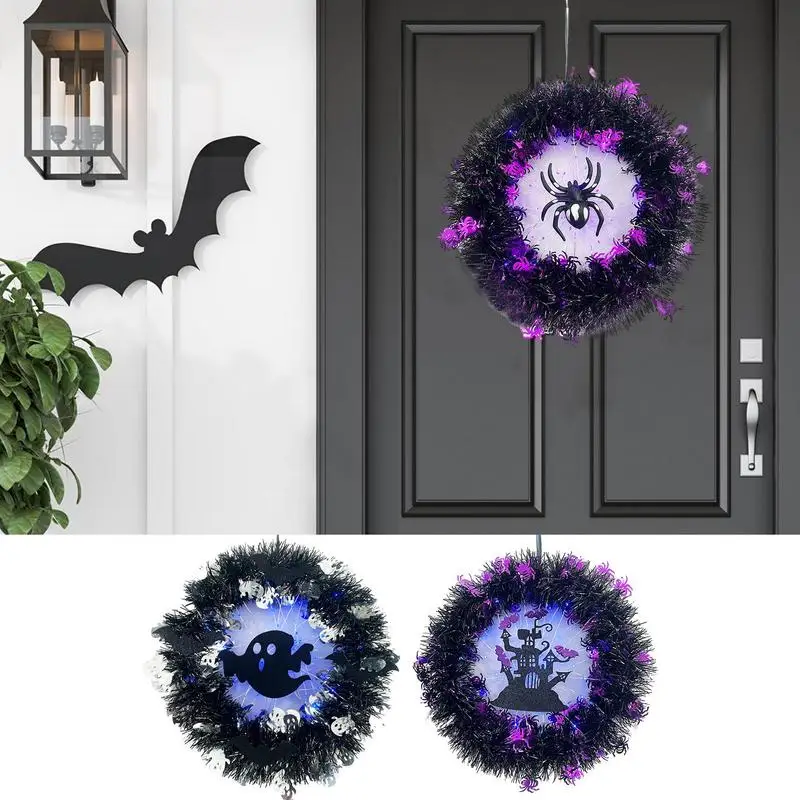 

Halloween Lighted Wreaths Halloween Ghost Wreath With Purple Lights Door Ornaments For Doors Flower Garland Halloween Decor