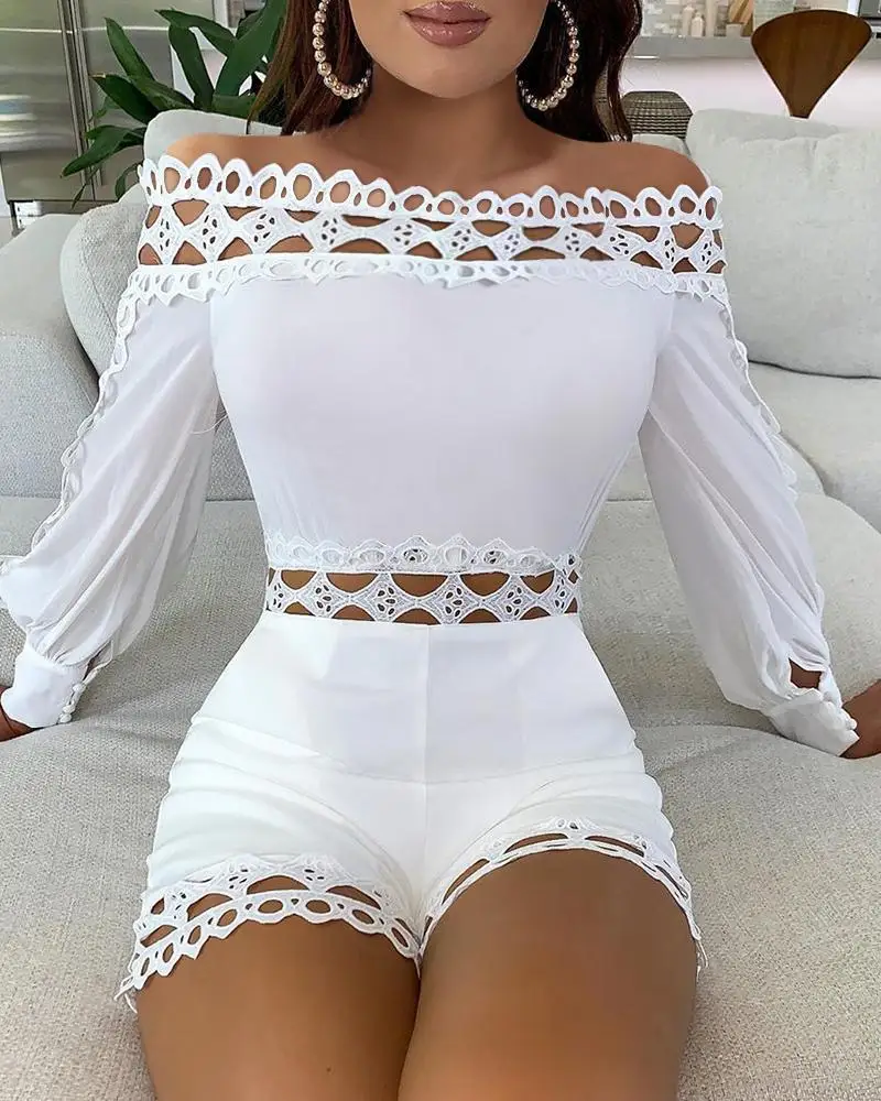 

Rompers Sexy Hollow Out Playsuits for Women Bodysuit Summer Long Sleeve Hollow Nightclub Overalls Elegant Ladies Party Romper