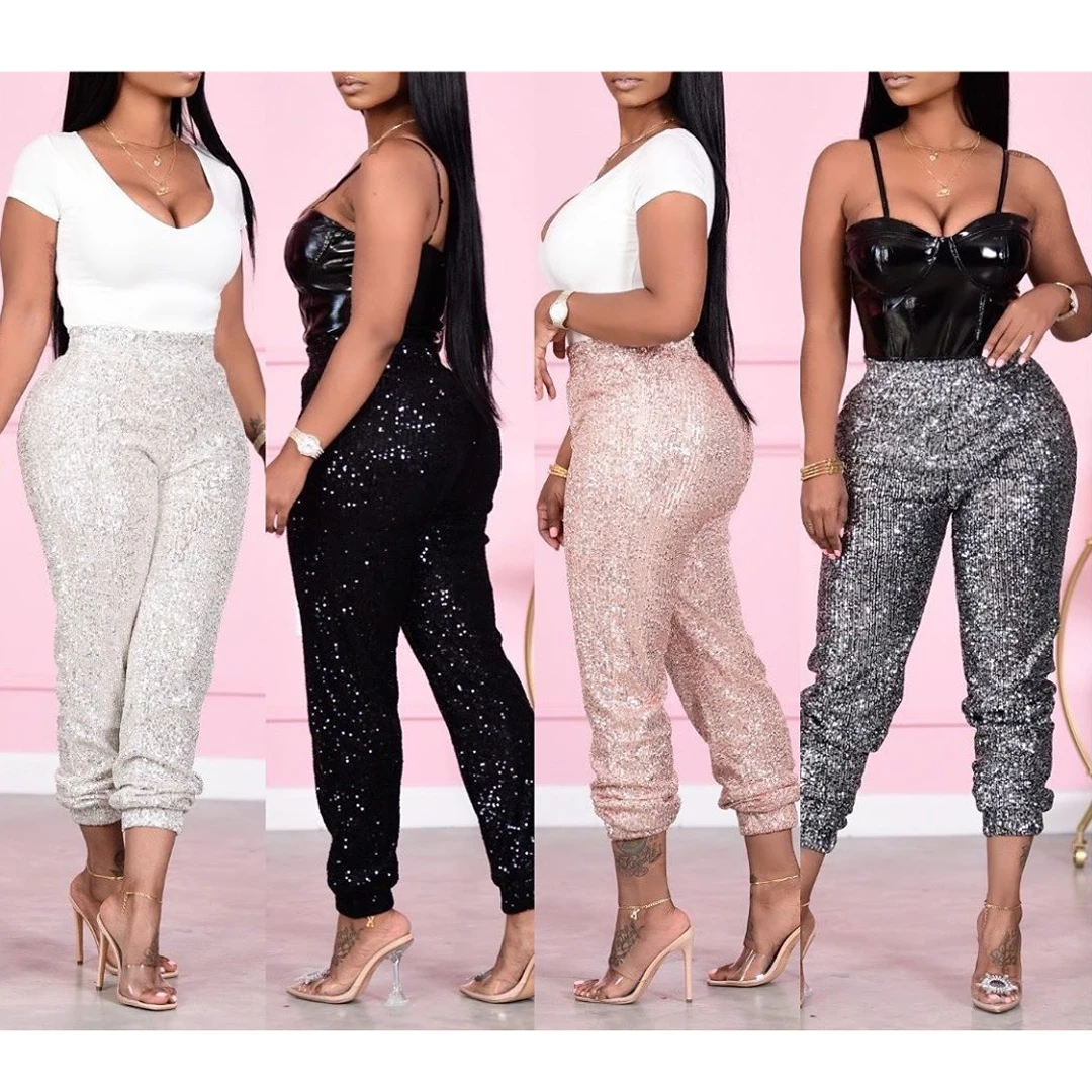 

2022 Fashion Women Sexy Glitter Sequin Pants High Waist Hip Hop Shiny Joggers Pants Evening Club Party Wear Legging Pants